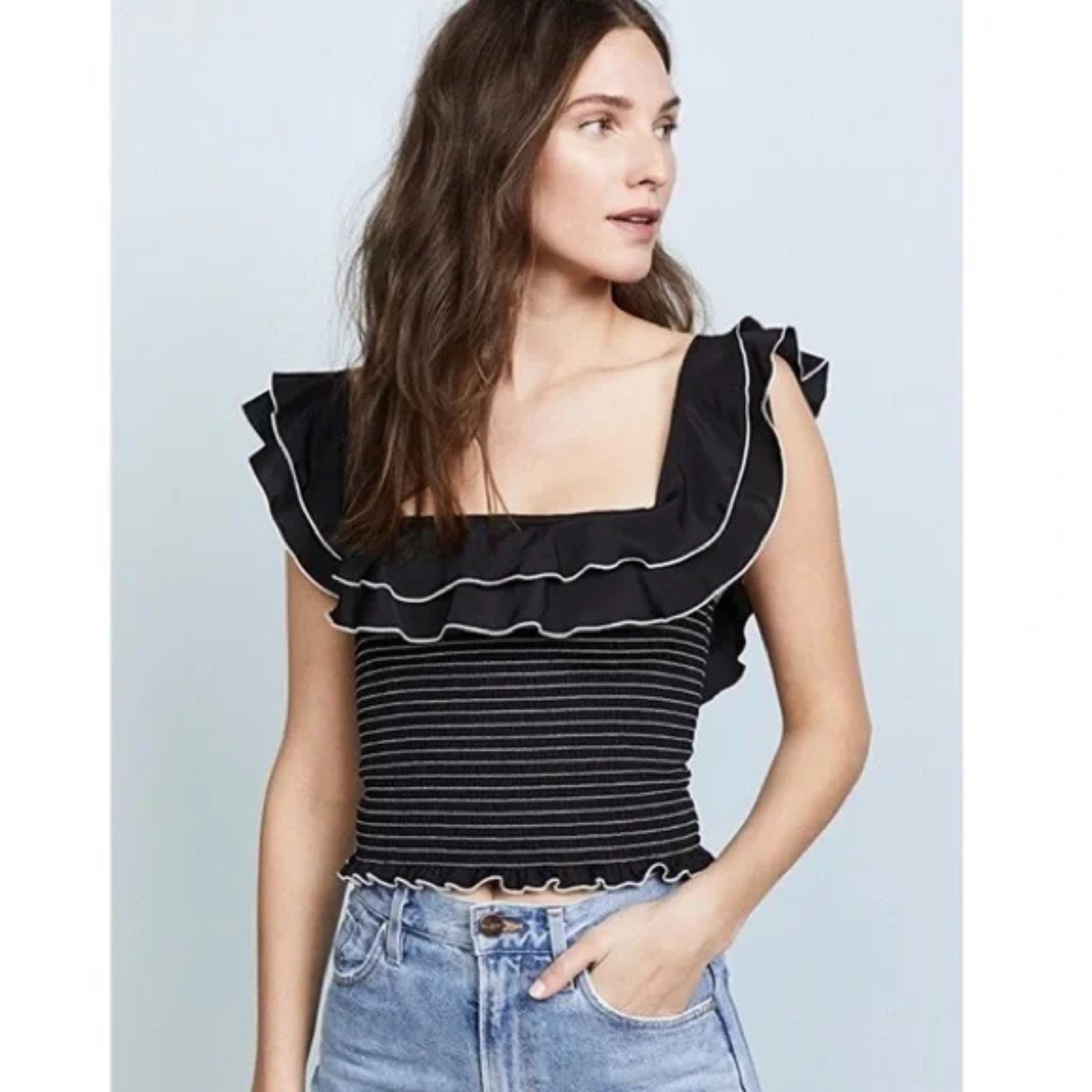 Likely Black Ruffle Square-Neck Crop Top With White Trim